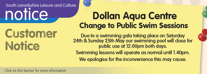 Dollan Aqua Centre - Change to Public Swim Sessions 24-25 May Slider image
