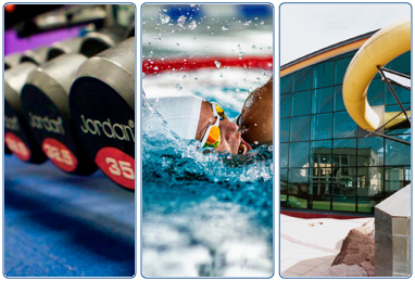 Images of gym weights, pool and exterior of Hamilton Water Palace