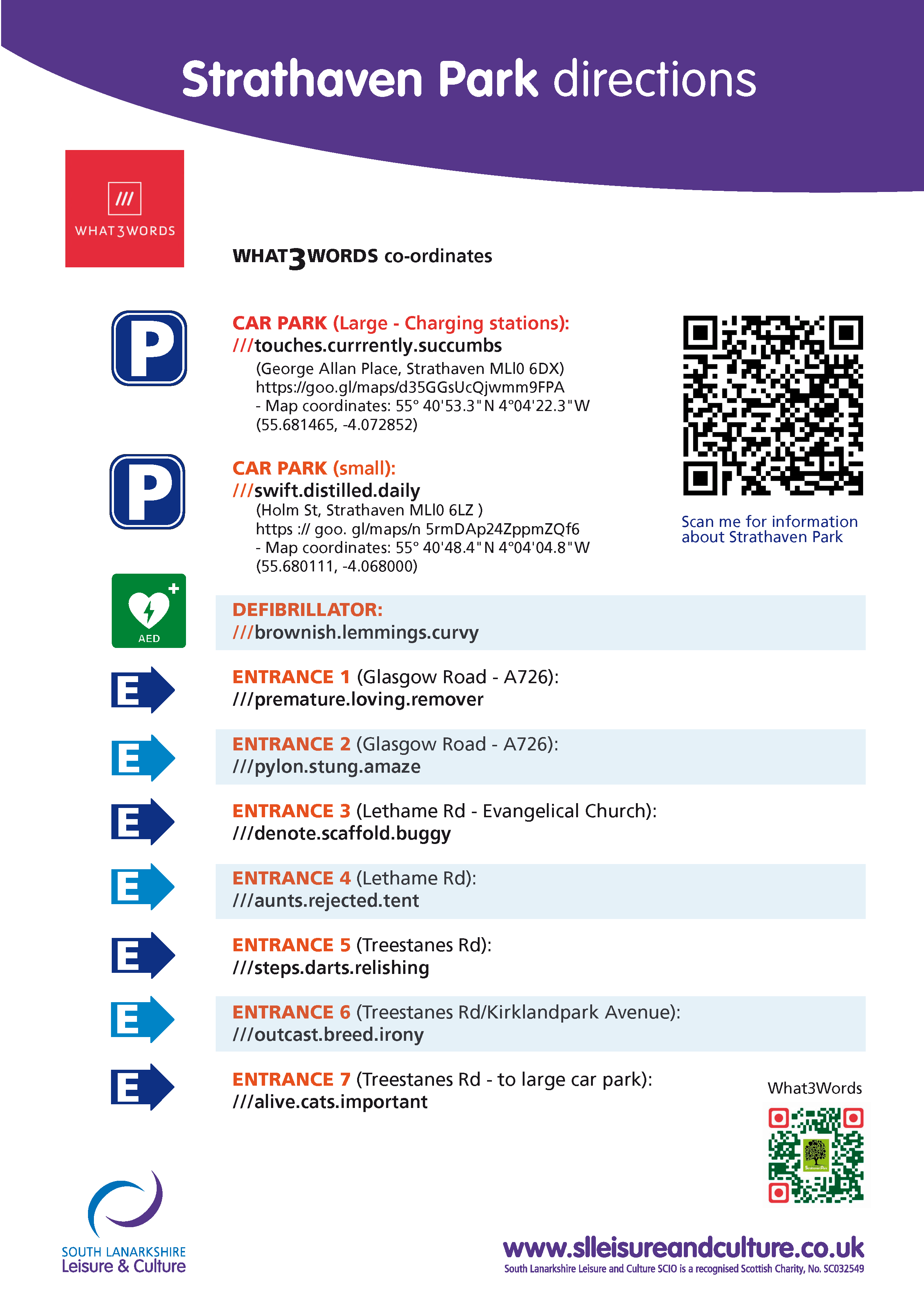 Strathaven Park what-three-words location info for car parks, defibrillator and entrances